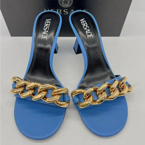 VERSACE Curb LinkBlock Heel Leather Mules - Picture 10 of 14